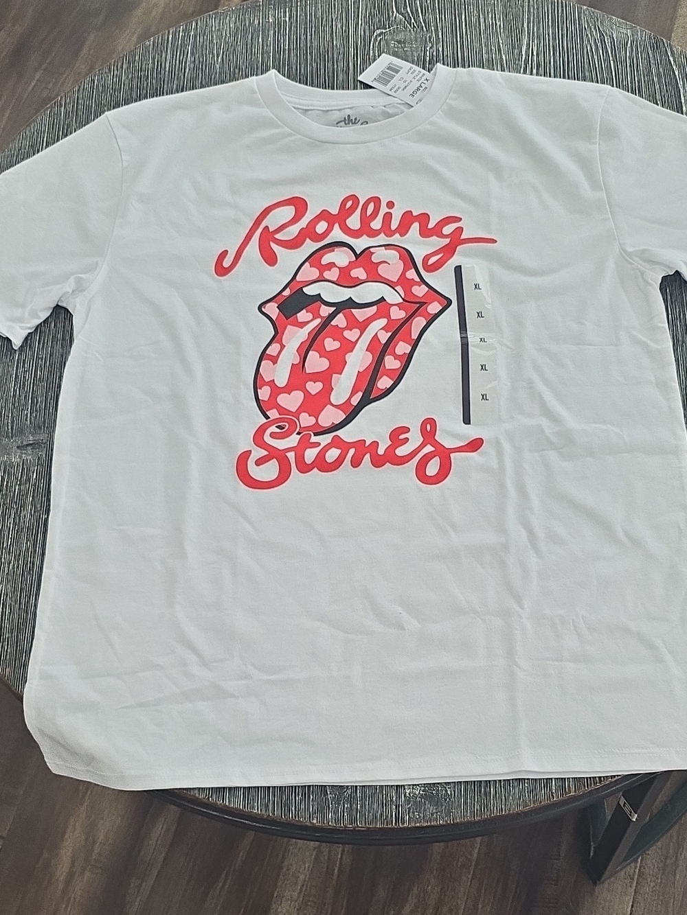 the Rolling Stones White Tee with Pink Heart Tongue Graphic